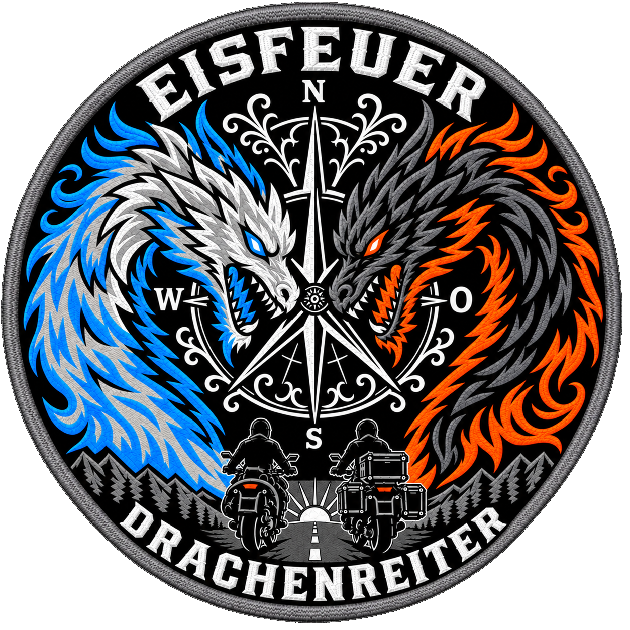 Logo Eisfeuer Drachenreiter – Feuer- und Eisdrache mit Kompass und zwei Motorradfahrern